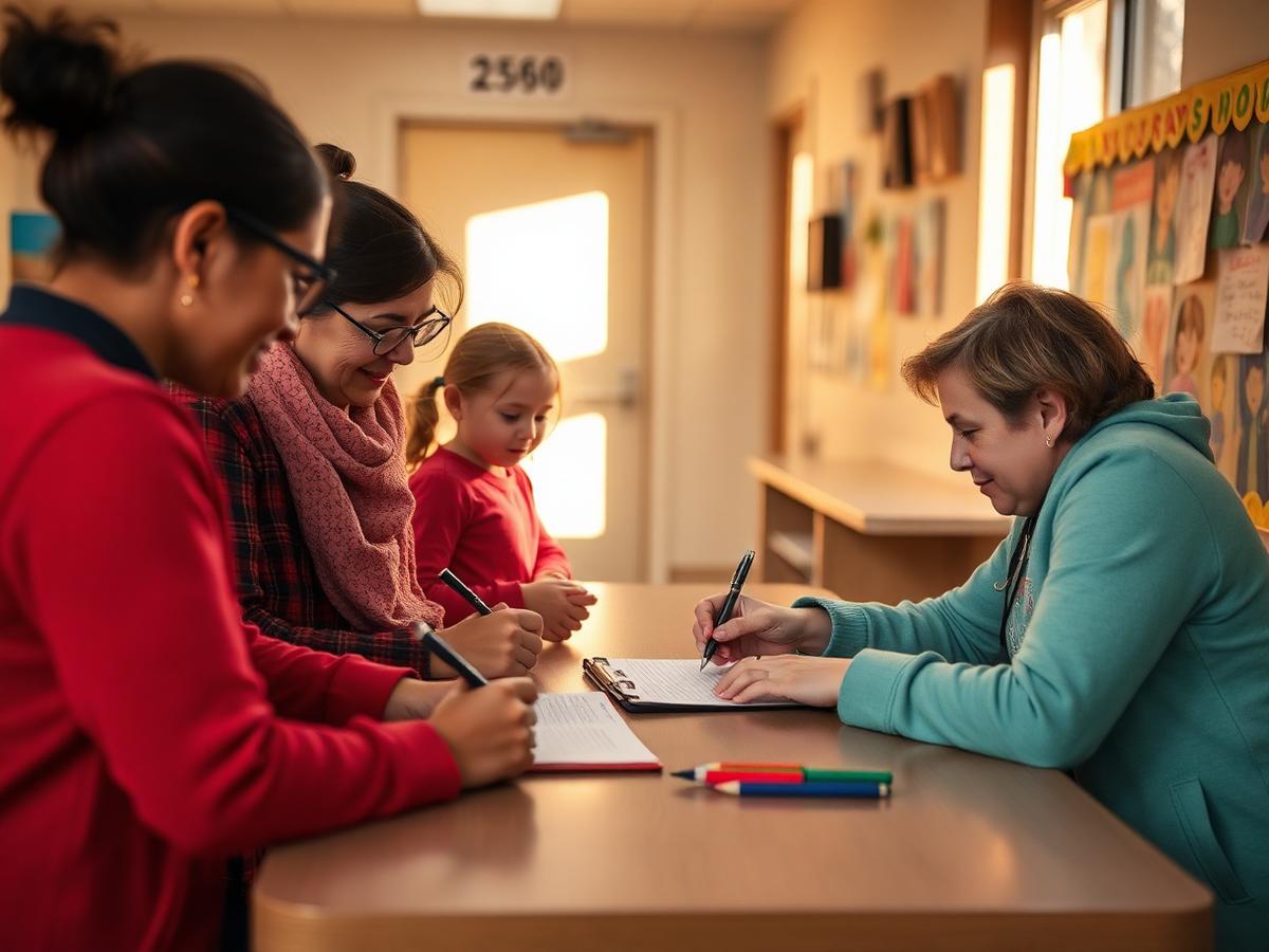 Parents and a teacher signing up at a school hallway table