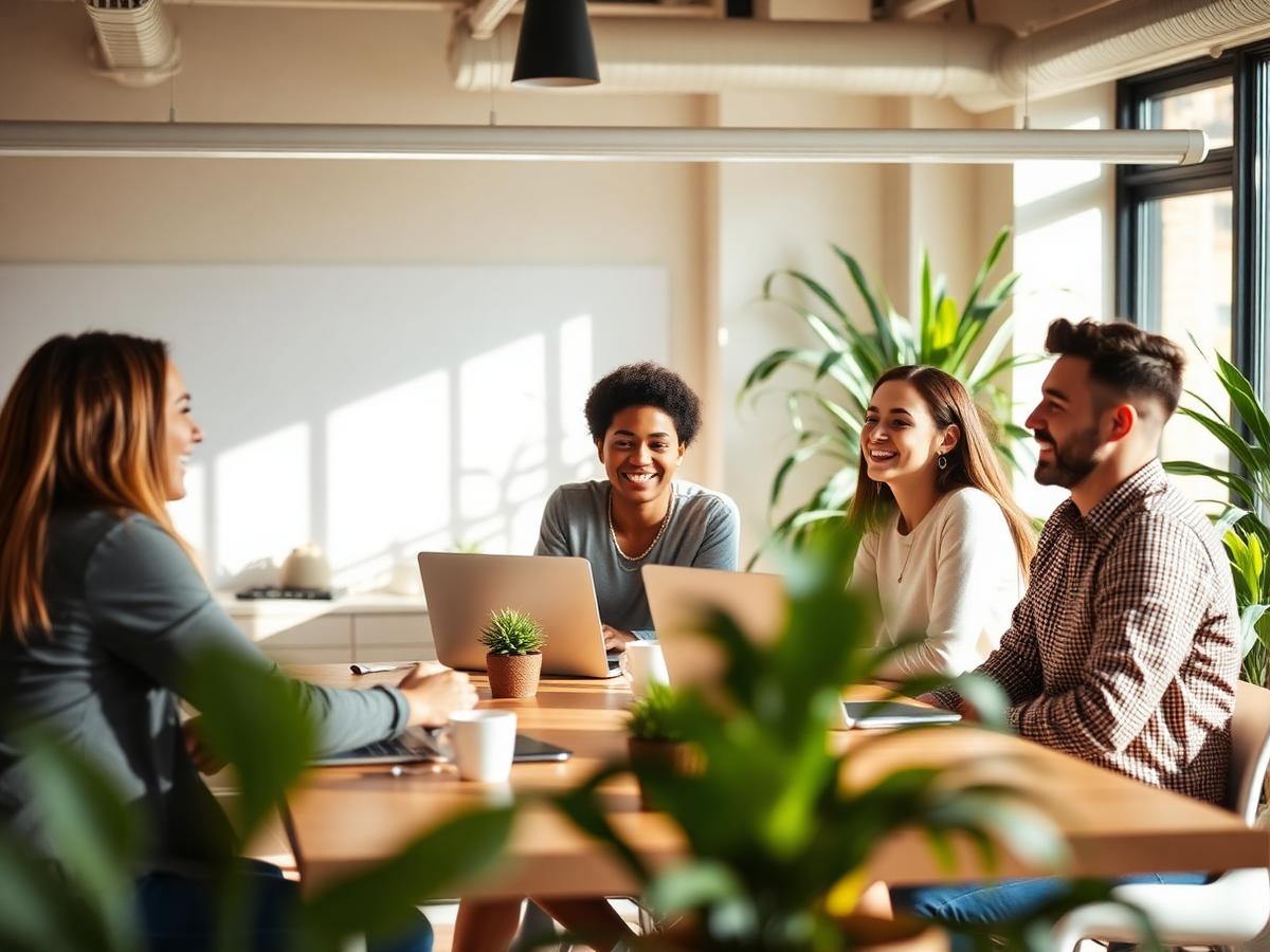 A small team gathered around a table in a bright office