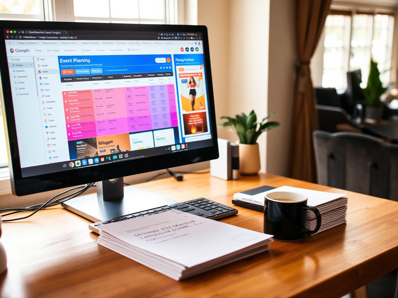 A planning dashboard open on a desktop monitor with printed labels and envelopes beside the keyboard