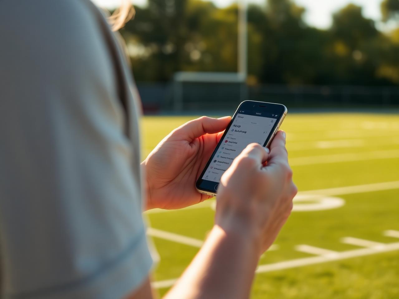 A parent checking replies and a group message on a phone at a sports field