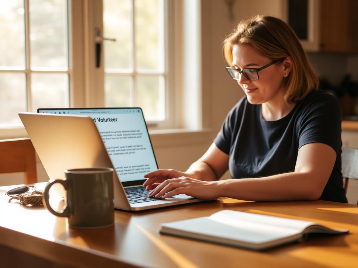 A parent volunteer writing a group email at a sunny kitchen table