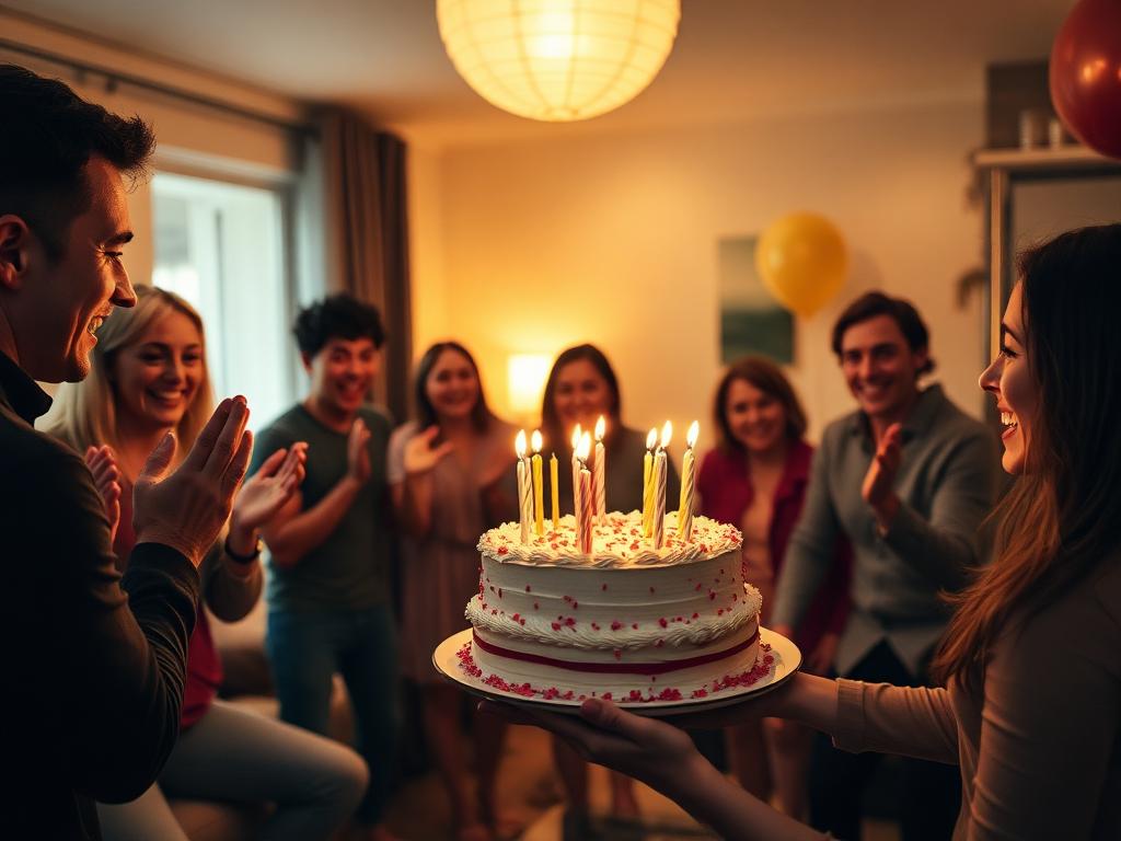 Friends cheering as a birthday cake is carried in