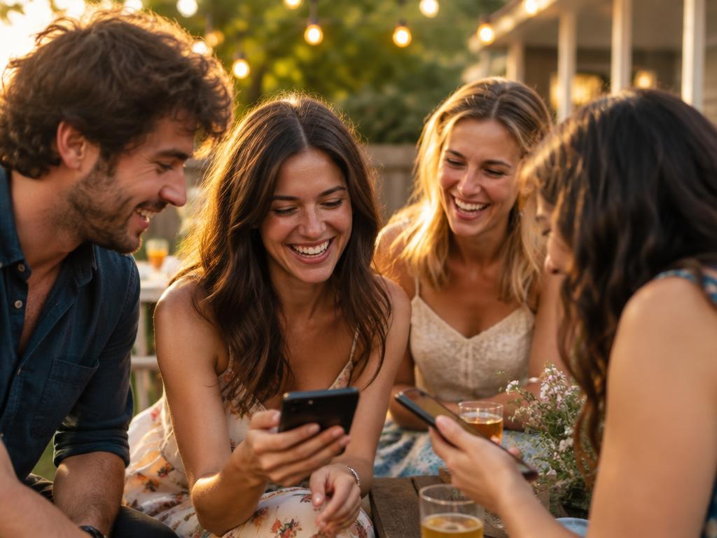 Friends laughing while passing phones around to share photos at a backyard gathering