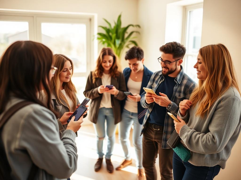 A small group comparing notes on their phones