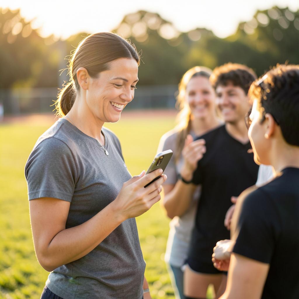 A parent sending a group text from her phone at a sports field