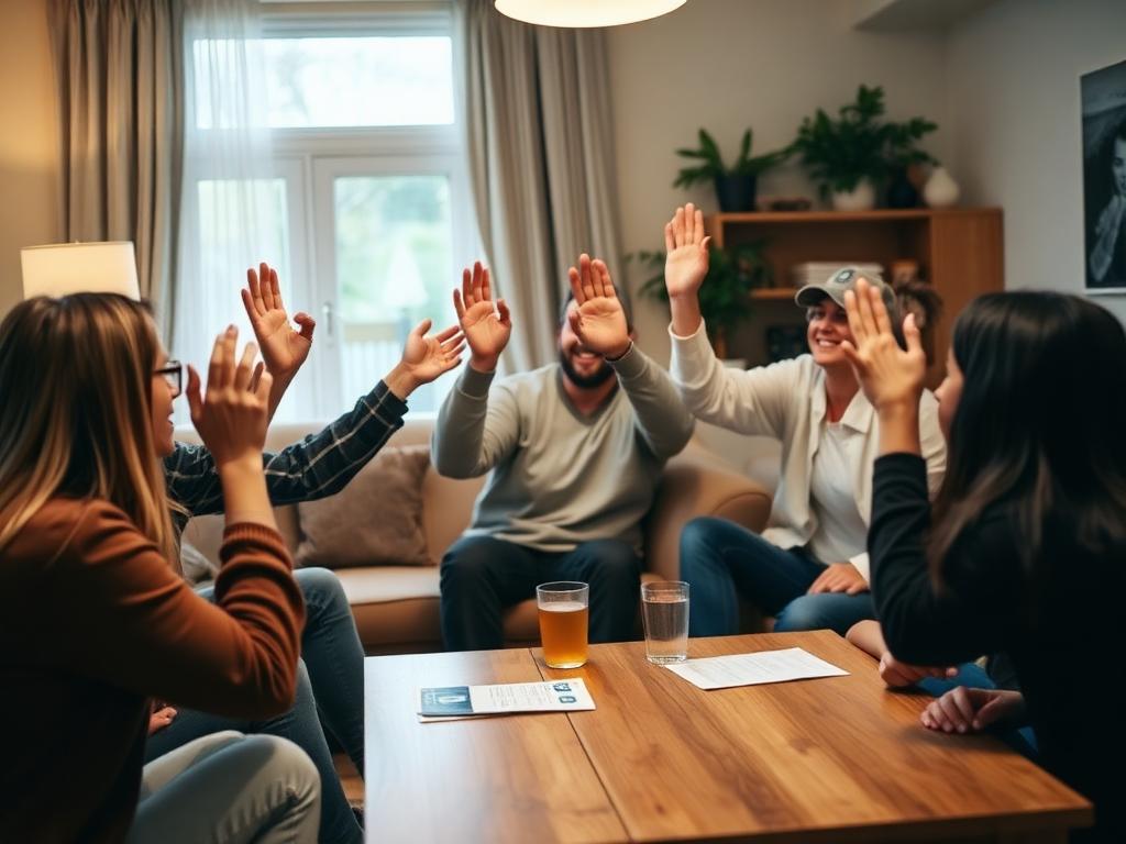 Friends raising hands to vote around a coffee table